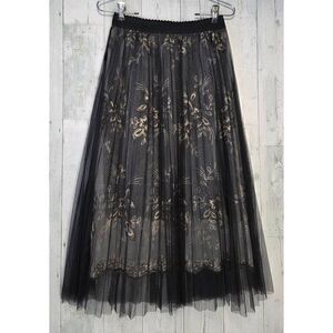 Pleated Layered Embroidered Tulle Whimsygoth Midi Skirt